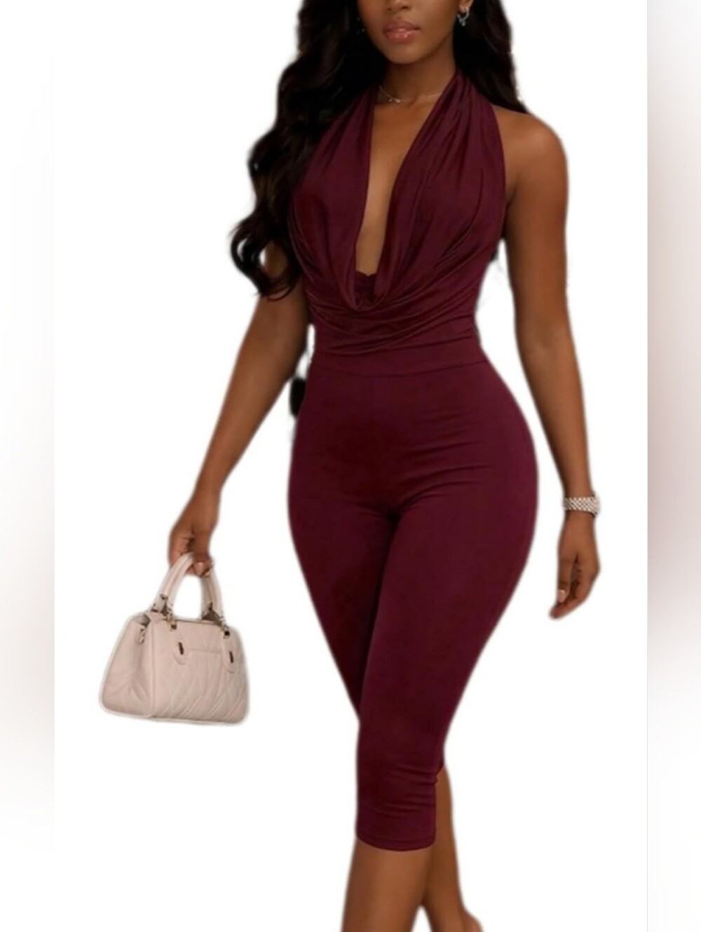 New Sexy Burgundy Backless Bodycon Capri Jumpsuit Women’s Small